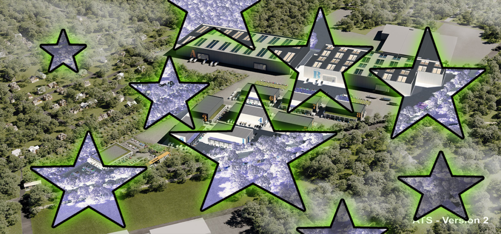 The artistic rendering of Africatown Studios with stars superimposed upon it