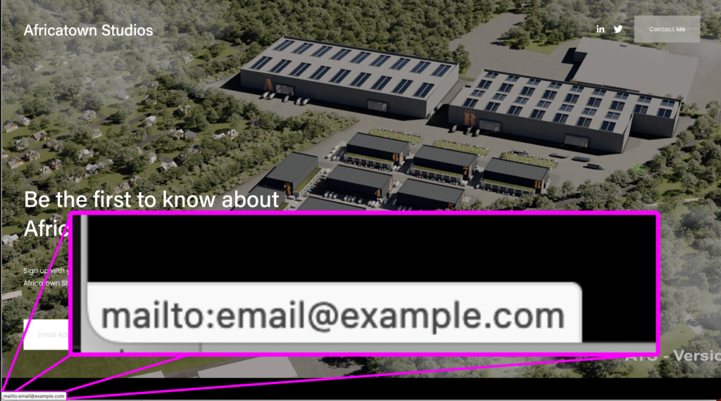 Africatown Studios website screen shot showing "email@example.com" for their contact email address.