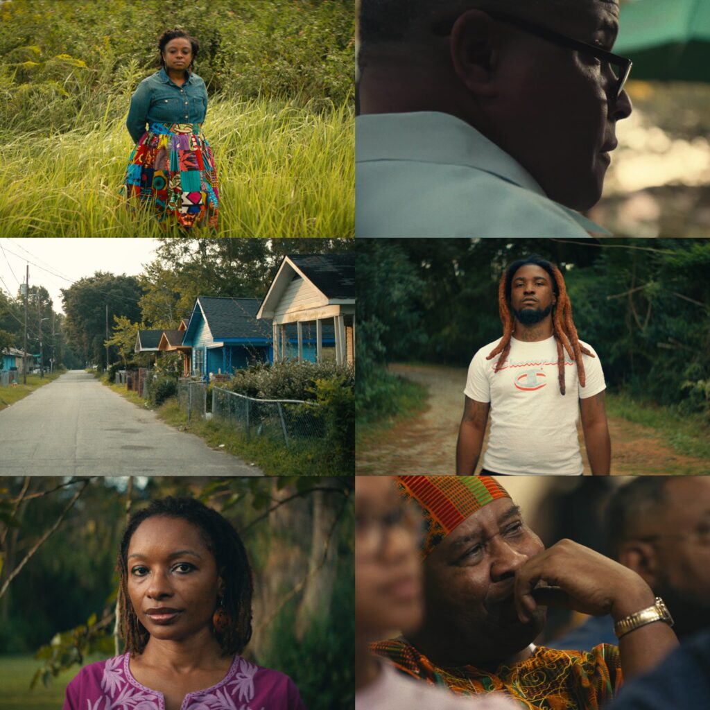 A collage of stills from the Netflix documentary Descendant, which gives voice to how after a century of secrecy and speculation, the 2019 rediscovery of the slave ship Clotilda turns attention toward the descendant community of historic Africatown and presents a moving portrait of a community actively grappling with and fighting to preserve their heritage while examining what justice looks like today.