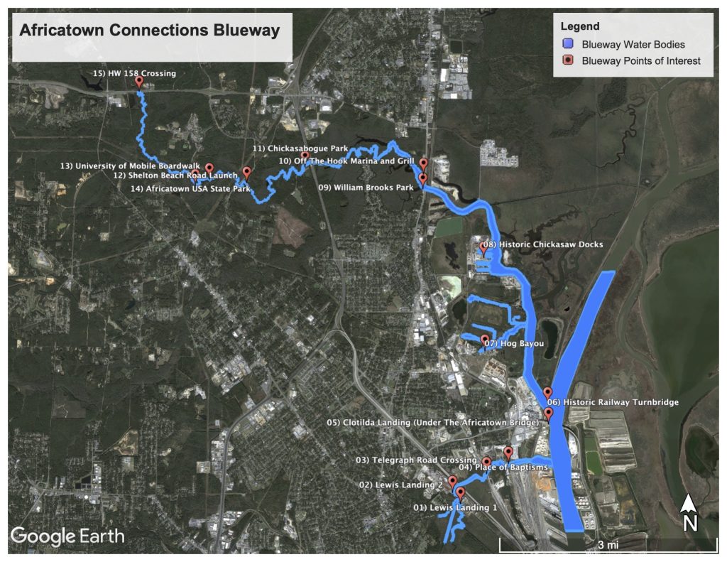 A clear map of the Africatown Connections Blueway's identified points of interest along Africatown's waterways