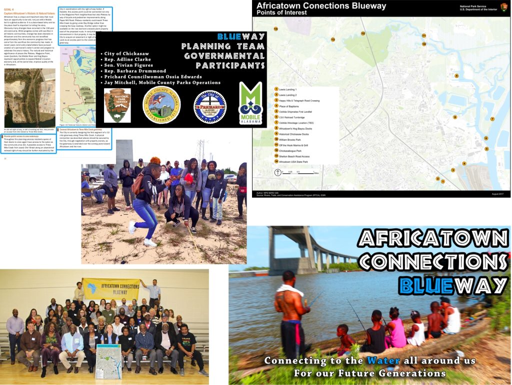 A collage of images reflecting the Africatown Connections Blueway activities.