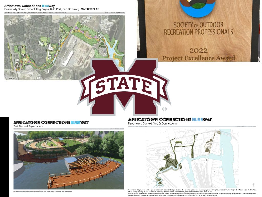 A collage of covers from MSU's Africatown Connections Blueway landscape architecture designs and an image of the award they won in 2022