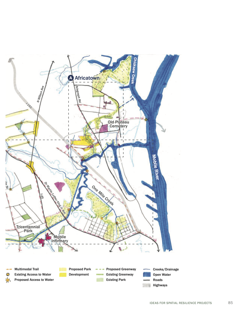City of Mobile Resilient Mobile Plan page 85 illustrating how other aspects of the Three Mile Creek Initiative could tie into the Africatown community's plans to create a compelling and cohesive path system connecting the community to its waterways