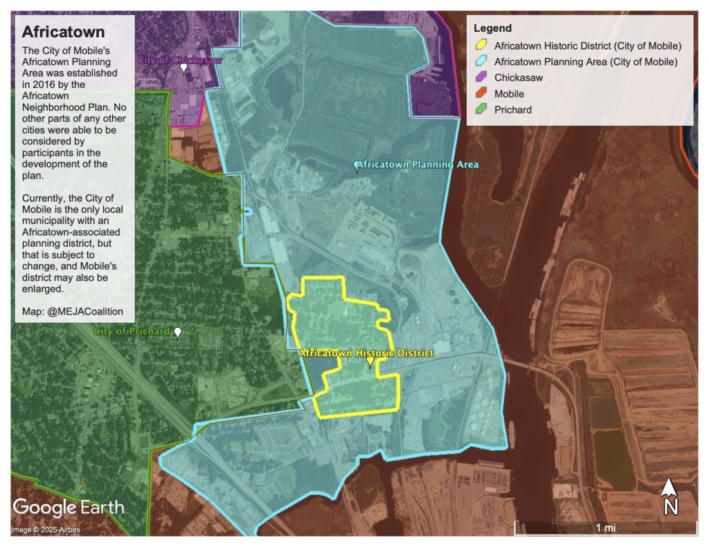 A map illustrating the City of Mobile's Africatown Planning Area and its relation to the municipals boundaries of the Cities of Mobile, Prichard, and Chickasaw. Text on the graphic reads: The City of Mobile's Africatown Planning Area was established in 2016 by the Africatown Neighborhood Plan. No other parts of any other cities were able to be considered by participants in the development of the plan. Currently, the City of Mobile is the only local municipality with an Africatown-associated planning district, but that is subject to change, and Mobile's district may also be enlarged. Map: @MEJACoalitionCaption: The boot shape of the City of Mobile's Africatown Planning Area only reflects the subtraction of the Prichard side of Plateau as part of the City of Mobile's jurisdiction.