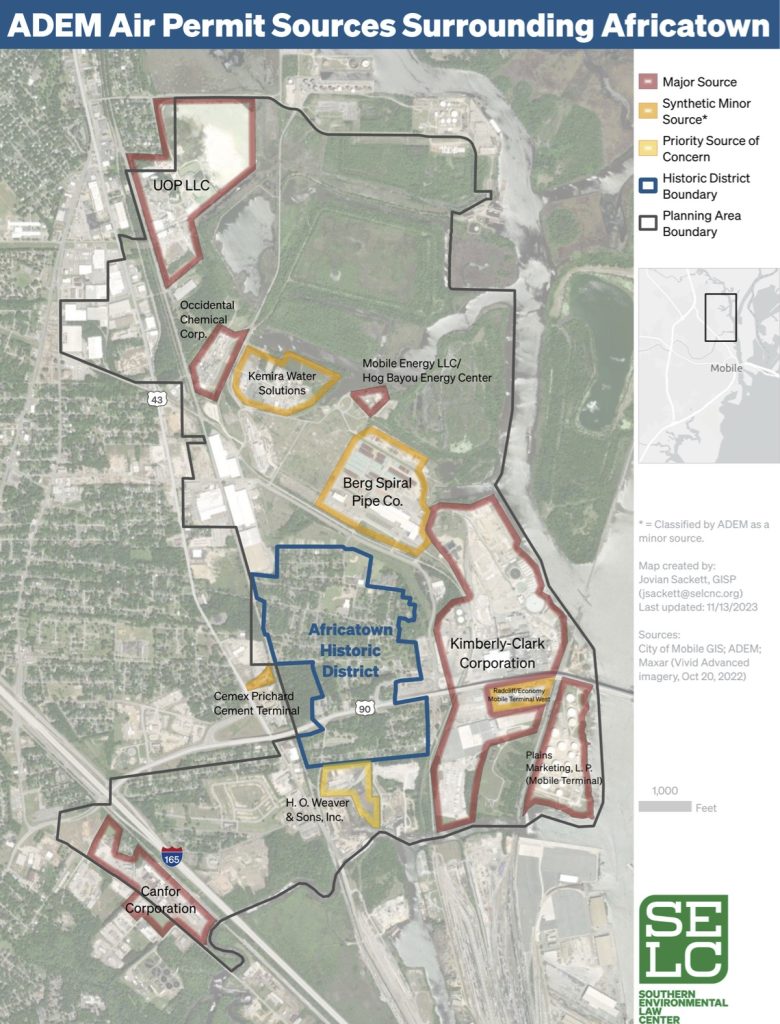 A map showing facilities in and around the Africatown Planning Area that receive air pollution permits from ADEM including:• UOP LLC • Occidental Chemical Corp. • Kemira Water Solutions (now Sterling Specialty Chemicals) • Mobile Energy LLC/Hog Bayou Energy Center • Berg Spiral Pipe Co. (now Borusan Berg Pipe) • Kimberly-Clark Corporation • Redcliff/Economy Mobile Terminal West • Plains Marketing LP (Mobile Terminal) • HO Weaver & Sons, Inc (now APAC Alabama Inc) • Canfor Corporation • Cemex Prichard Cement Terminal