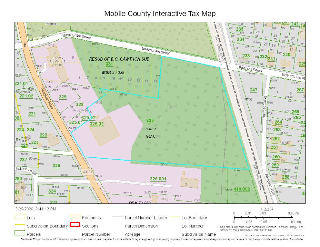 A map from the Mobile County Tax Assessor's interactive map showing the parcel where the proposed Edged data center would be located